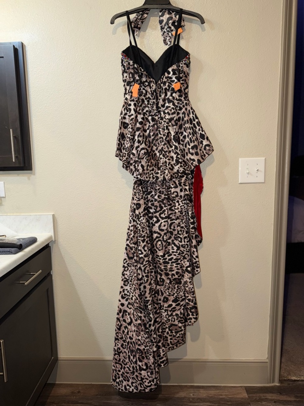 Leopard Print High-Low Halter Dress with Red Ruffle - Picture 2 of 2